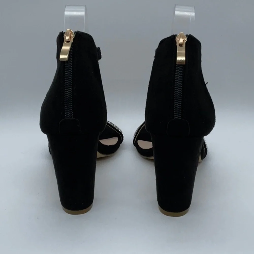 Black Faux suede heels with sparkle detail ankle strap back gold zipper closure